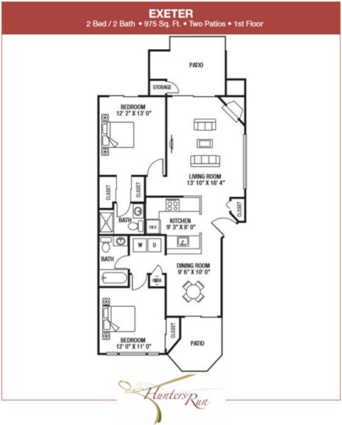 Floor plan for 2 beds, 2 baths, 975 sqft